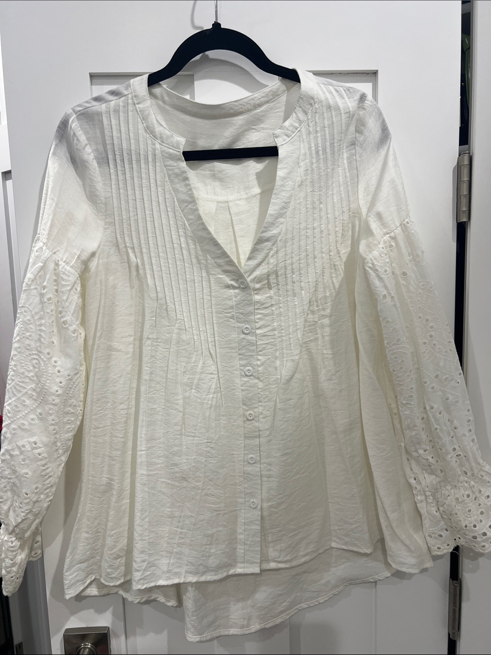 Amazon White Button-Front Pintuck Eyelet Blouse